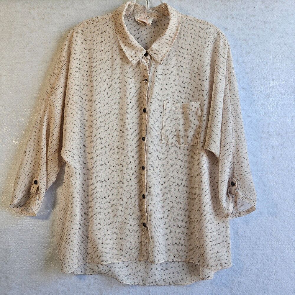 Quiksilver Women Button up Blouse Sz L Semi Sheer Raglan 3/4" Sleeve Polka Dots